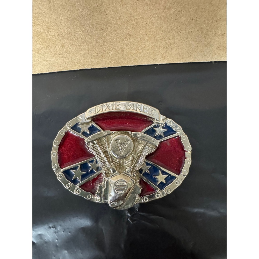 Vintage Dixie Biker V-Twin Motorcycle Belt Buckle Rebel Southern Style Red Blue